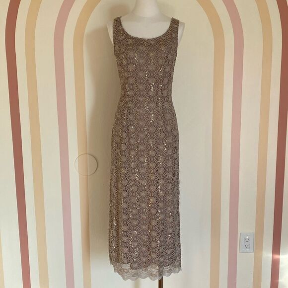 Vintage 90's Cream Knit Lace & Gold Sequin R&M Richards Midi Cocktail Gown Sz 8 - Picture 2 of 13